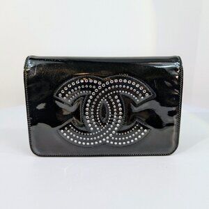 Chanel Black Studded Crystal Patent Leather Wallet on Chain (WOC)